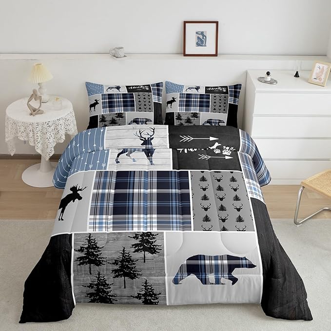 Rustic Adventure Kids Comforter Set Queen Size,Deer Bear Pine Trees Xmas Bedding Set for Boys Girls Adults Room Decor,Plaids Arrows Wooden Patchwork Down Comforter,Blue Duvet Insert,2 Pillowcases