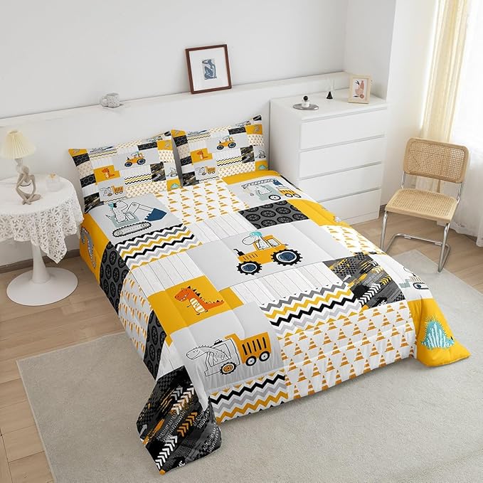 Feelyou Construction Comforter Set Twin Size Kids Cartoon Car Excavator Tractor Toddler Comforter Equipment Trucks Plaid Grid Yellow Comforter Set Construction Vehicles Duvet Set Quilt Set