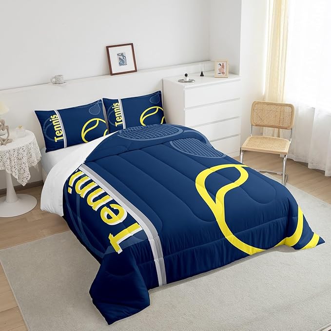 Feelyou Kids Tennis Comforter Set Full Size Tennis Sports Bedding Set for Boys Girls Teens Bedroom Decor Tennis Gaming Comforter Blue Yellow Tennis Lovers Duvet Set with 2 Pillow Case