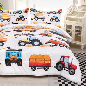 CVHOUSE Tractor Bedding Sets for Boys,Excavators Comforter King,Boys Cartoon Truck Comforter Set,Trucks Tractors Cars Quilt Set with 1 Comforter and 2 Pillow Cases- 3 Piece