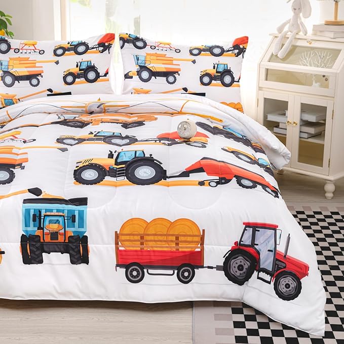 CVHOUSE Tractor Bedding Sets for Boys,Excavators Comforter King,Boys Cartoon Truck Comforter Set,Trucks Tractors Cars Quilt Set with 1 Comforter and 2 Pillow Cases- 3 Piece