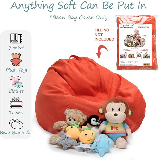 YuppieLife Stuffed Animals Bean Bag Chair Cover Candy-Colored Bean Bag（Just Cover, No filling）/Extra Large Stuff 'n Sit Organization/Toy Storage Bag/Kids Toys Organizer（38'',OrangeRed）