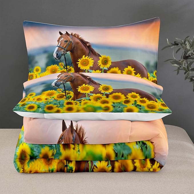 NINENINE Horse Comforter Bedding Set Full for Boys Teens,Horse Walking Among Sunflowers Pattern Printed Bedding Set,Sunflower Comforter Set,Soft Microfiber Quilt Set with Matching Pillowcase#5002