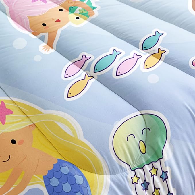 Datura home Girls Mermaid Comforter Set for Girls Women,Kawaii Mermaid Girls Play with Fish Printed Pattern Blue Kawaii Bedding Set with 2 Pillowcases(Girls Twin)
