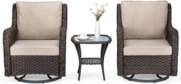 IDEALHOUSE 3 Pieces Outdoor Wicker Swivel Rocker Patio Set, 360-Degree Swivel Rocking Chair Elegant Wicker Patio Bistro Set with Tempered Glass Top Side Table (Apricot)