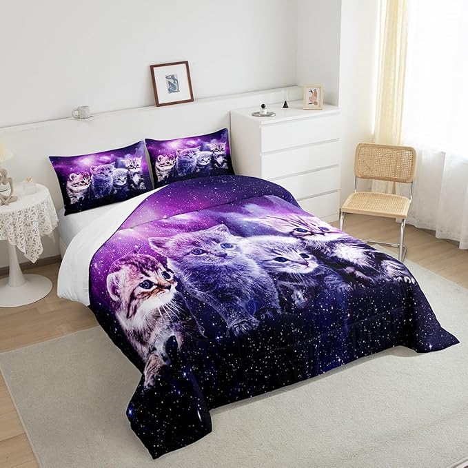 Cat Comforter Cute Pet Cats Pattern Bedding Set Outer Space Kawaii Kitten Comforter Set for Children Kids Boys Girls Cartoon 3D Animal Theme Galaxy Duvet Set Purple Room Decor Quilt Set King Size