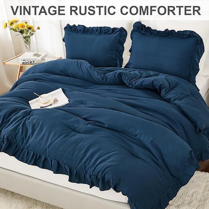 Andency Navy Blue Comforter Set King Size, 3 Pieces Boho Lightweight All Season Solid Bedding Comforters & Sets, Double Women Men Shabby Chic Bed Set(104x90In Comforter & 2 Pillowcases)