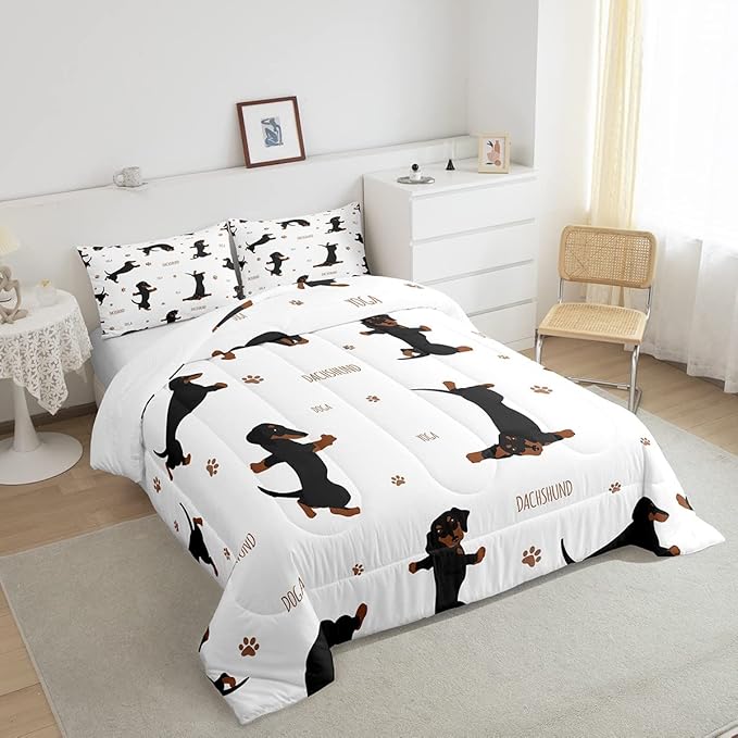Feelyou Sausage Dog Bedding Set Boys Dachshund Comforter Set for Kids Teens Ultra Soft Puppy Dog Comforter Kawaii Pet Brown Duvet Set Room Decor Queen Size Quilt Set