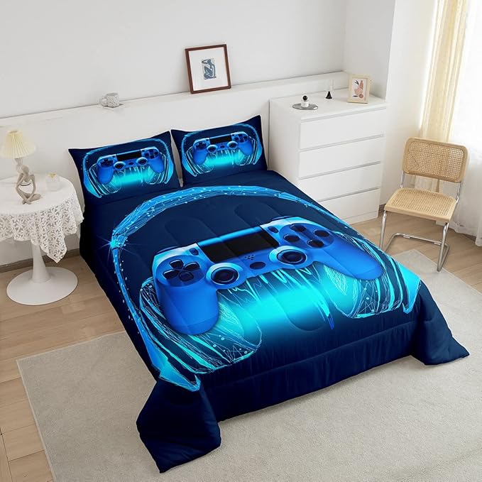 Gamer Comforter Set Twin Size,Blue Headphones Musical Design Games Gamepad Bedding Set for Kids Boys Video Game Room Decor Retro Playing Gamer Down Comforter Gaming Controller Quilted Duvet Set