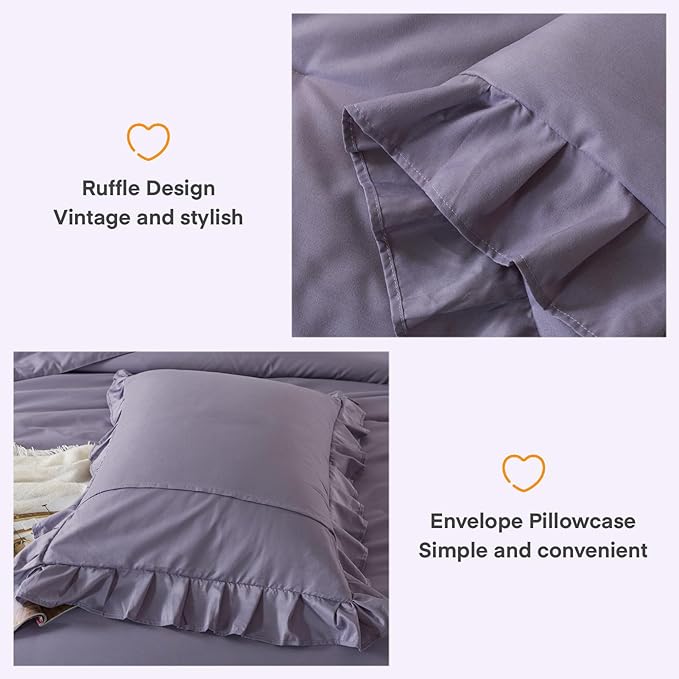 Andency Grayish Purple Ruffle Comforter King, 3 Pieces Solid Farmhouse Shabby Chic Comforter, Lightweight Soft Microfiber Vintage Rustic Bedding Sets All Season (104x90Inch Comforter)