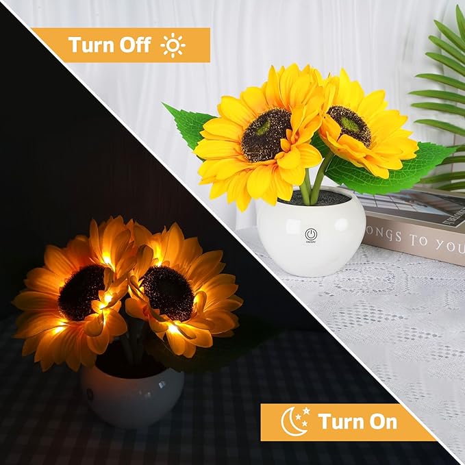 Rechargeable Sunflower Table Lamp - LED Artificial Flowers Desktop Lamp Night Light with Porcelain Vase, Cordless Touch Lamp for Bedroom Living Room Desk Decor, Birthday Gift for Her Girl Mom