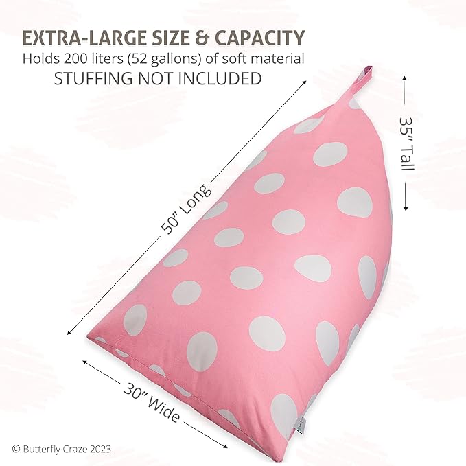 Butterfly Craze Bean Bag Chair Cover, Functional Toddler Toy Organizer, Fill with Stuffed Animals to Create a Jumbo, Comfy Floor Lounger for Boys or Girls, Stuffing Not Included, Light Pink Polka Dots