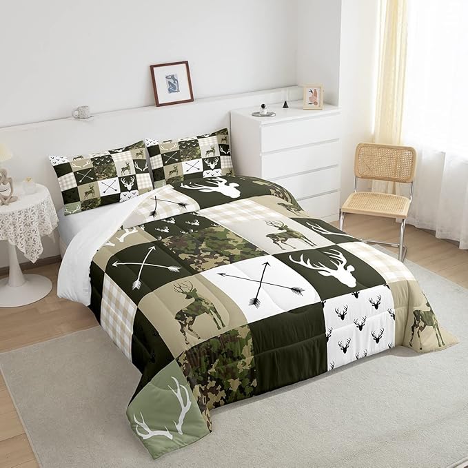 Camo Deer Antlers Kids Comforter Set Twin Size,Wildlife Arrows Geometric Plaids Patchwork Bedding Set,Girls Boys Adults Cabin Decor,Rustic Adventure Down Comforter,Camo Duvet Insert,2pcs,1 Pillowcase