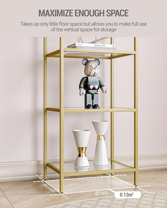Bookcase Bookshelf, Tempered Glass Bookshelves, Slim Shelving Unit for Bedroom, Bathroom, Home Office, Steel Frame, 4 Tier Gold BC04001G