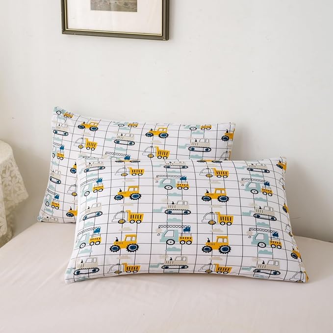 Feelyou Construction Truck Comforter Set Twin Size Kids Machinery Truck Excavators Vehicles Comforter for Boys Teens Cartoon Tractor Bedding Set Excavator Tractor Plaid Grid White Duvet Set Quilt Set