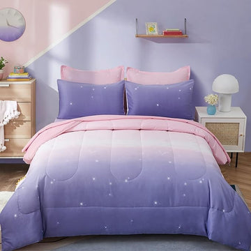 Girls Comforter Set Full Size Colorful Ombre Pink Purple Rainbow Bedding Set Bed in A Bag for Kid Teen Girls 7 Pieces (1 Comforter, 1 Flat Sheet, 1 Fitted Sheet, 2 Pillow shams, 2 Pillowcases)