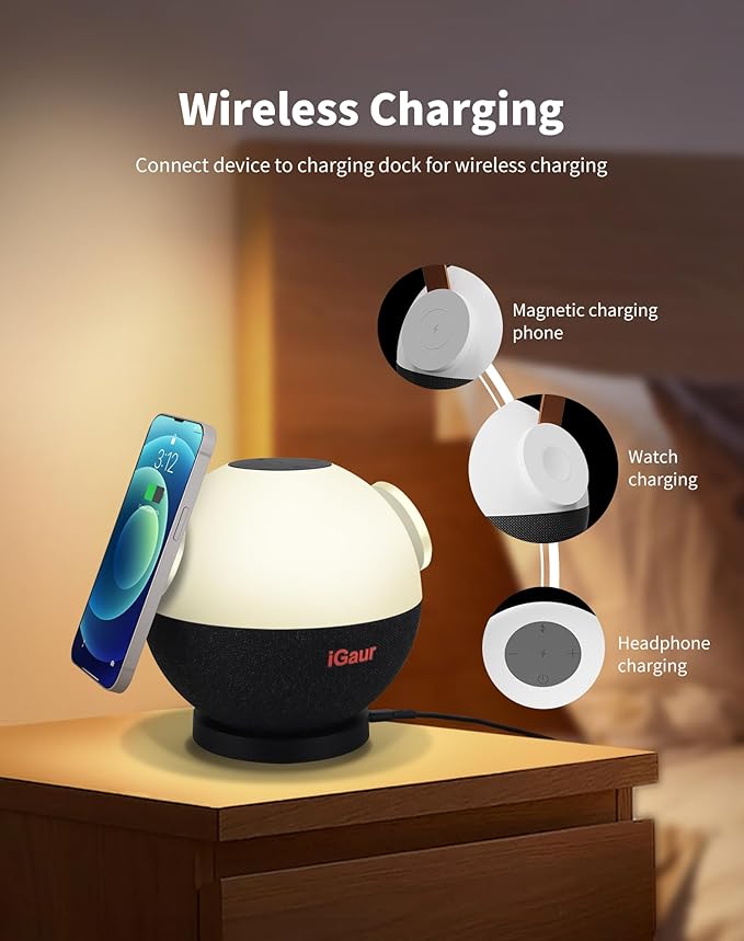 LED Night Light Beside Lamp: Music Table Lamp with Wireless Charger - 5 in 1 Touch Lamp Magnetic Wireless Phone Apple Watch Charger Birthday Gifts Friendship Lights with Base for Wife