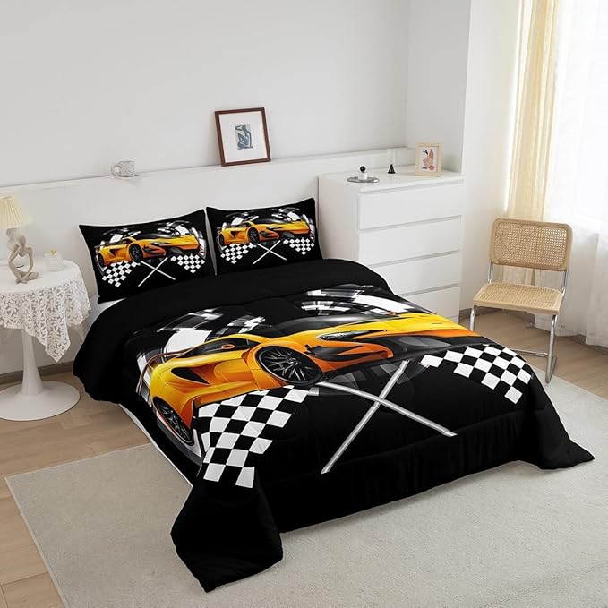 Yellow Race Car Comforter Set King Size, Black and White Grid Quilt Set Extreme Sport Games Bedding Comforters 3pcs for Kids Teens Boys Girls Room Decor,Modern Stylish Duvet Set with 2 Pillowcases