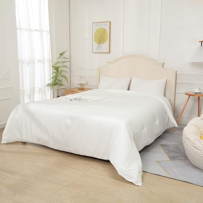 White Comforter Twin Size, Aesthetic Modern Bedding Set for Girls/Women, Cute Soft & Lightweight Chic Microfiber Bed Sets, 2pc- 1 Comforter & 1 Pillowcase (66x90 Inches)