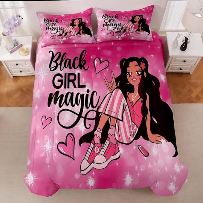 Black Girl Comforter Set Twin for Kids,Black Girl Magic Bedding Set,Cuet Black Princess Girl Comforter Black Queen Melanin Bedroom Bed Set