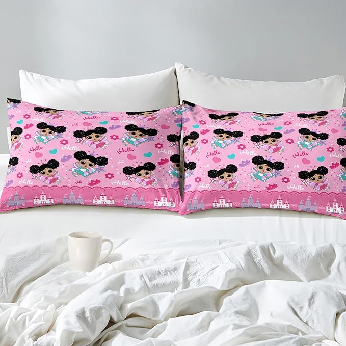 Pink Girls Comforter Sets Full, African American Black Girl Comforter Set Full Size Comforter Sets for Girls Soft Princess Bedding Decor for Girls Bedroom with 1 Comforter 2 Pillowcases