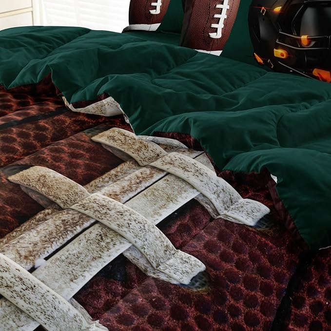 Teen Boy Football Bedding Set Twin Size, 4 Pieces American Football Comforter Set Twin, Kids Sports Bedding Bed in a Bag Set, Green Brown