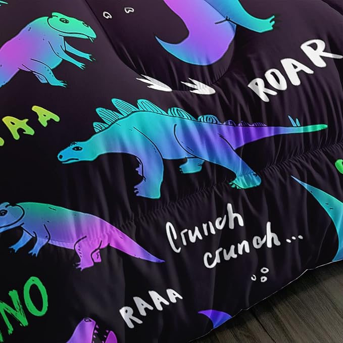 Axolotl Cartoon Dinosaur Bedding Set,Full Size Kids Bed Set,Gradient Dinosaur Comforter Set,1 Quilt with 2 Pillowcases for Boys Girls Kids Teens Children Adults Room Decor All Season,Black
