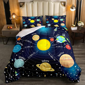 Erosebridal Outer Space Comforter Set Starry Sky Bedding Set King Size for Kids Boys Girls Room Galaxy Planet Space Duvet Sets Solar System Cartoon Down Comforter 3 Pieces with 2 Pillow Cases, Blue