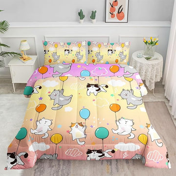 Datura home Kids Comforter Set Cute Cats Printed Pattern Bedding Set with 1 Comforter and 2 Pillowcases for Girls Boys Bedroom All Season(Cat1 Twin)