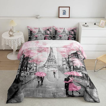 Paris Comforter Set French Eiffel Tower Bedding Sets Twin for Girls Kids Women Paris Themed Bedroom Decor Watercolor Cherry Blossoms Comforter Couple Retro Gray Building Quilted Duvet Pink Grey 2 Pcs