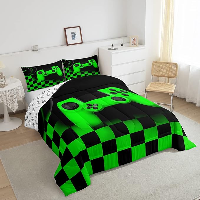 Erosebridal Gaming Comforter for Teen Boys Kids Girls,Gamepad Duvet Insert for Gamer Home Decor,Black Green Teens Gamer Bedding Set King,Buffalo Check Plaid Down Comforter Set with 2 Pillowcases
