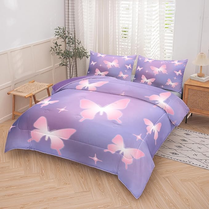 Tailor Shop Butterfly Comforter Sets Full Size,Purple Pink Butterfly Bedding Sets for Girls Kids Teens with 2 Pillowcase…