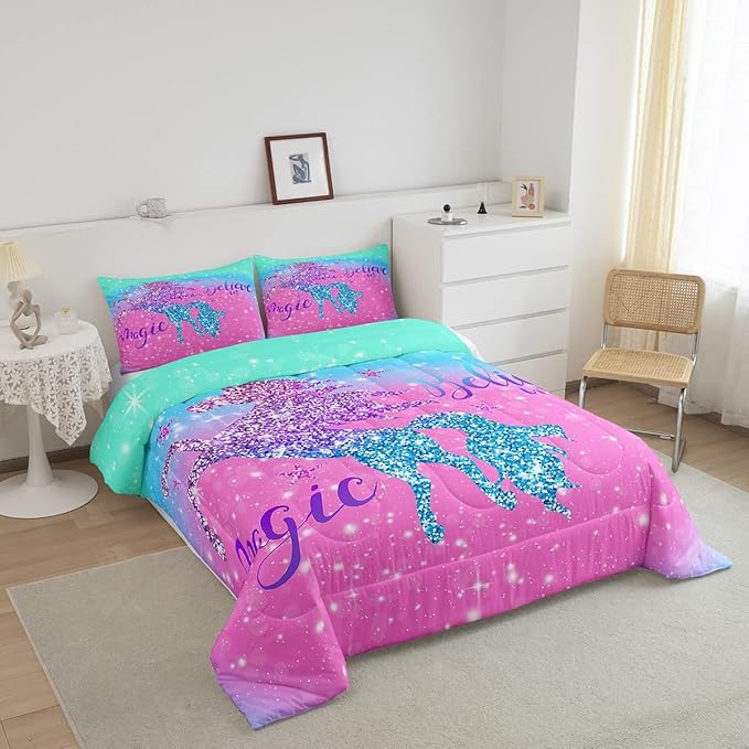 Unicorn Duvet Insert Queen Size,Glitter Starry Sky Comforter Set,Pink Blue Gradient Bedding Set,Sparkel Sequins Animal Down Comforter For Girls Teens Women Youth,3Pcs Magical Unicorn Quilt Comforter