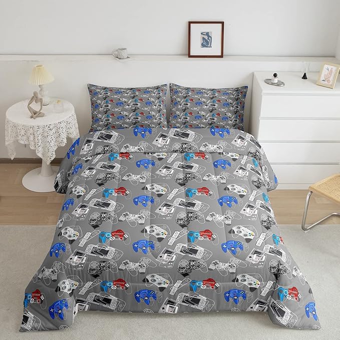 Games Comforter Set Queen Video Games Gaming Bedding Comforters, Boys Teens Games Room Decor Reversible Bedding Set for All Season Home Decoration, Game Controller Pattern Down Comforter, Grey White