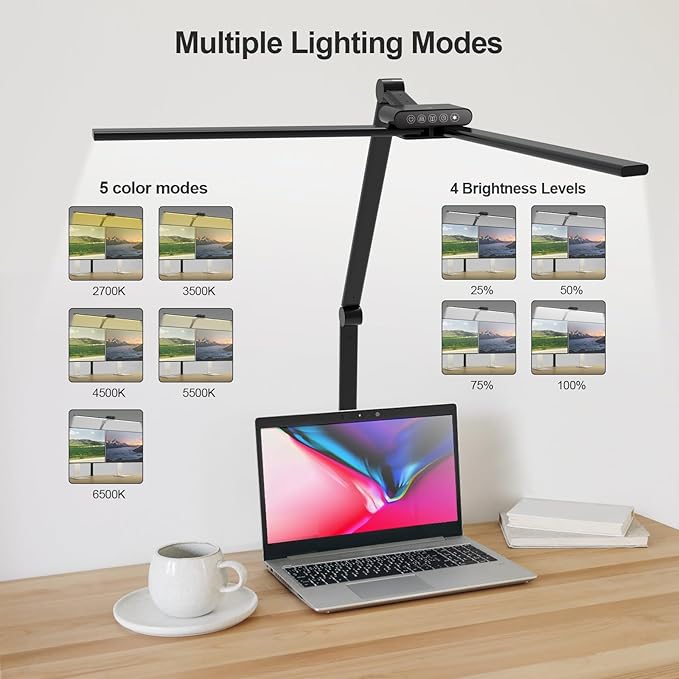 Led Desk Lamp for Office Home - Eye Caring Architect Table Light with Clamp, Dual Screen Computer Smart Light 5 Color 24W Lighting Table Lamp