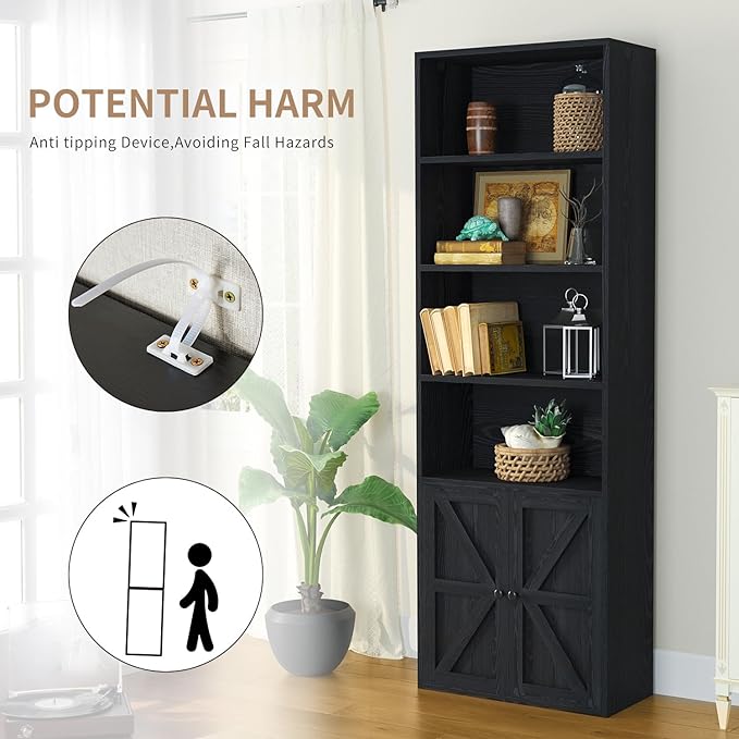 oneinmil 6 Tier Bookcase Set of 2,Wooden Bookshelves with Cabinet Doors, Floor Bookshelf and Office Storage Cabinets for Living Room,Black