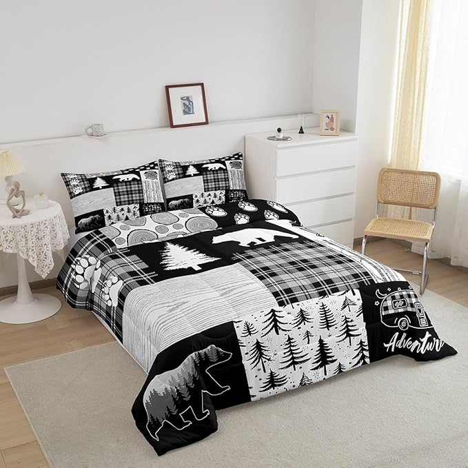 Bear Plaids Comforter Set Queen Size,Pine Trees Animals Hunting Bedding Set for Kids Boys Girls Adults Room Decor,Adventure Rustic Farmhouse Down Comforter,Black Retro Duvet Insert,2 Pillowcases
