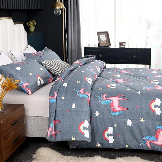 3PCS Gray Unicorn Comforter Set Full, Bed in a Bag Full Unicorn Bedding Set, Lightweight and Fade Resistant, Cute Room Decor for Boys Girls Toddler Kids and Teens, Full