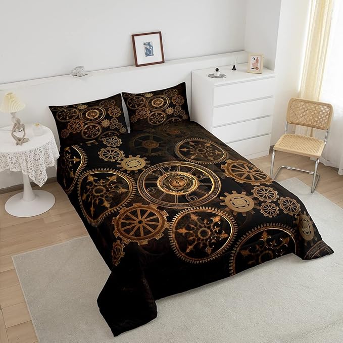 Golden Ndustrial Gear Comforter Set Full Size Steampunk Style Bedding Set Clocks Theme Bedding Sets & Collections For Kids Boys Teens Men Mechanical Device Quilt Set,Retro Style Bedroom Decor