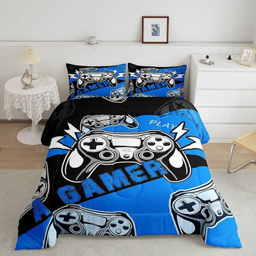 Erosebridal Gaming Comforter Sets for Boys Kids Video Game Comforter Set,Gamer Bedding Set Blue Black Quilt Duvet Set Men Boys Bedroom Decor,King Size 3Pcs