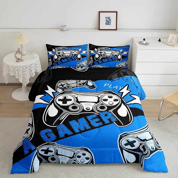 Erosebridal Twin Comforter Set for Boys Girls Kids,Gamer Comforter Sets for Boys Teens Video Game Bedding Set,Gaming Console Comforter Bedroom Decor Blue Black 2Pcs