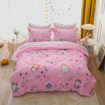 Pink Cats Comforter Set Twin Size for Girls Kids Teens 7 Piece Cute Animal Fish Butterfly Bed in A Bag Cartoon Rainbow Star Sun Heart Bedding Set All Season Lightweight