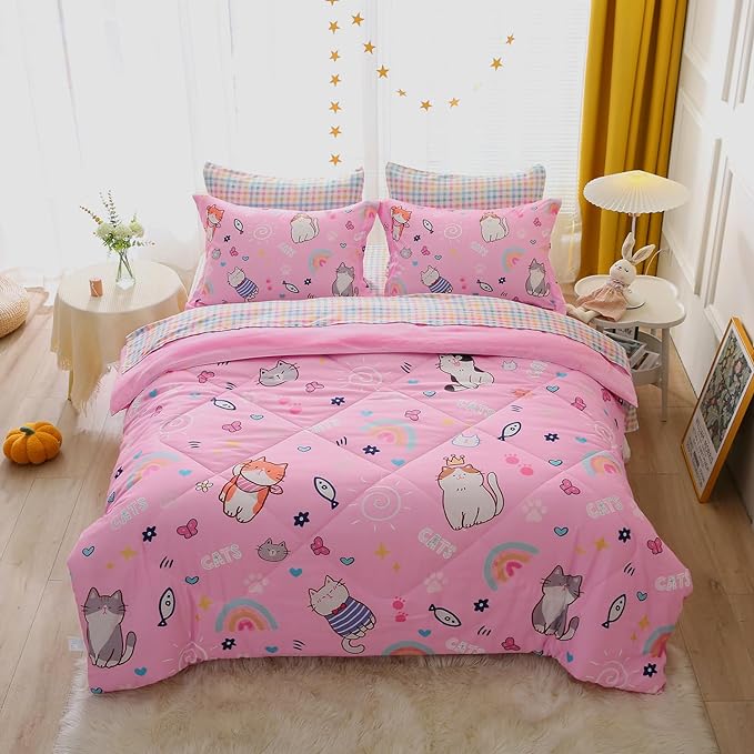 Pink Cats Comforter Set Twin Size for Girls Kids Teens 7 Piece Cute Animal Fish Butterfly Bed in A Bag Cartoon Rainbow Star Sun Heart Bedding Set All Season Lightweight