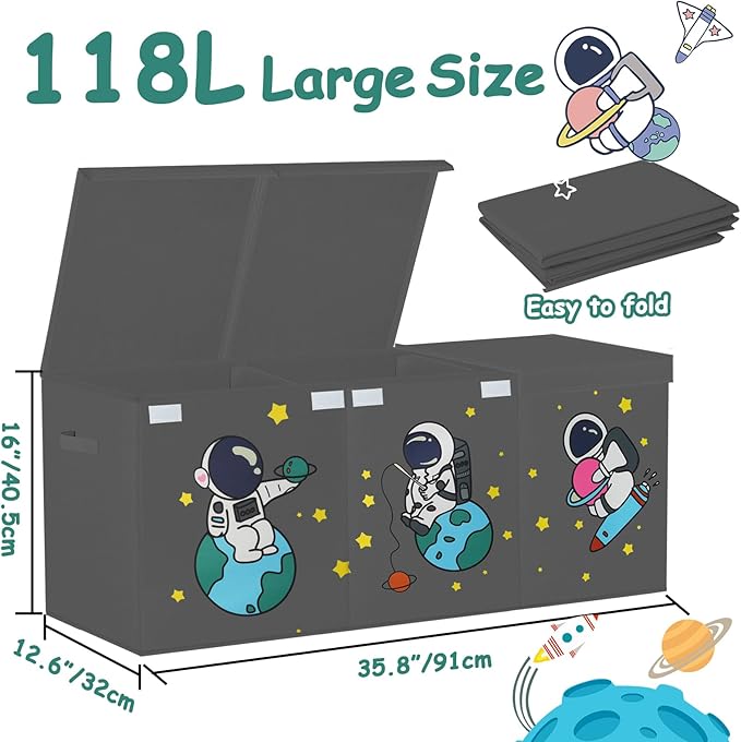 Large Toy Box Storage Organizer,Sturdy Toys Storage Chest Bin Basket with Dividers and Lids for Toddlers,Boys,Girls,Nursery,Closet,Living Room Area,Playroom(Grey Astronaut)