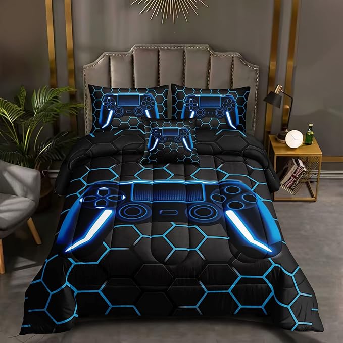 5 Pieces Gaming Bedding Set for Boys Gamer Comforter Set Twin Size,Game Controller Comforter for Boys Kids Teen 3D Gamepad Microfiber Bedding Sets 5 Pieces Bed in A Bag Sets-H50022,Twin
