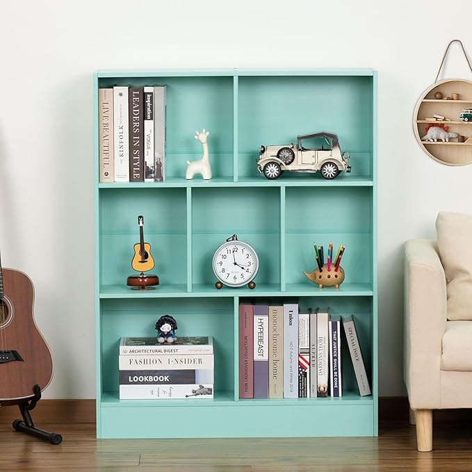 LEYAOYAO 7 Cube Bookshelf with Base,3 Tier Modern Mint-Green Kids Bookcase,Standing Wide Bookshelves Storage Organizer Toy Shelf,Wood Display Children's Book Shelves for Bedroom,Living Room,Nursery
