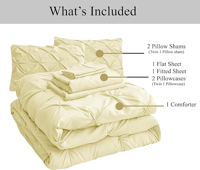 LANE LINEN King Comforter Set – 7 Piece Bed in a Bag – Pinch Pleated King Size Bedding Set with Comforter, Flat Sheet, Fitted Sheet, 2 Pillowcases & 2 Shams – Soft Pintuck Bed Set - Vanilla