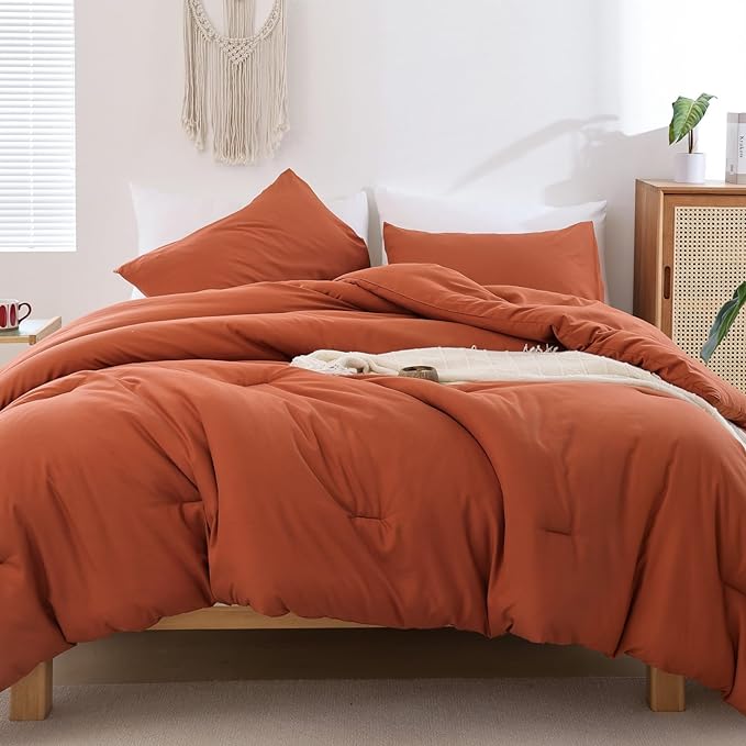 ROSGONIA Full Size Comforter Sets for Girls Boys Teens Burnt Orange,3pcs(1 Boho Comforter & 2 Pillowcases) Terracotta Dorm Bedding Kids Comforter Sets