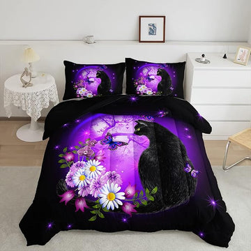 Black Cat Bedding Cartoon Cat Comforter Set Queen,Daisy Butterflies Printed Kids Bedding Set for Kids Boys Girls Adults Room Decor,Kids Comforter Set All Season,1 Quilt 2 Pillow Cases,Purple