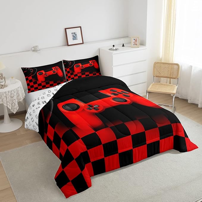 Erosebridal Gamer Bedding Sets for Boys，Gaming Comforter Sets King for Kids Teen Boys Gamer Room Decor,Video Game Gamepad Duvet Insert,Plaid Check Grid Artwork Down Comforter 3pcs,Black Red